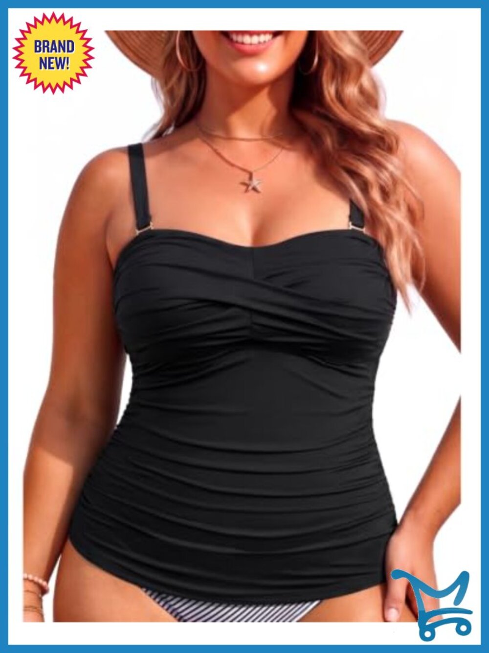 Plus Size Tankini Top Bandeau Strapless Swim Top Ruched Tummy Control